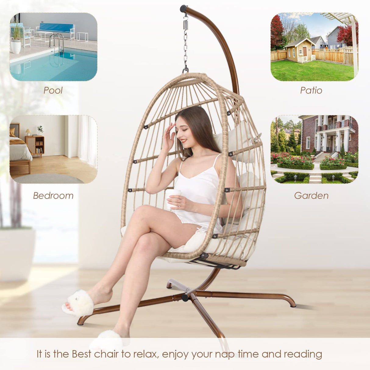 NICESOUL Hanging Egg Chair with Stand Indoor Outdoor, Comfy Patio Rattan Swing Hammock Chairs with Cushion, 350lbs Capacity Egg Shaped Chair for Lawn Backyard Balcony Bedroom, Birthday Gift, Beige NICESOUL