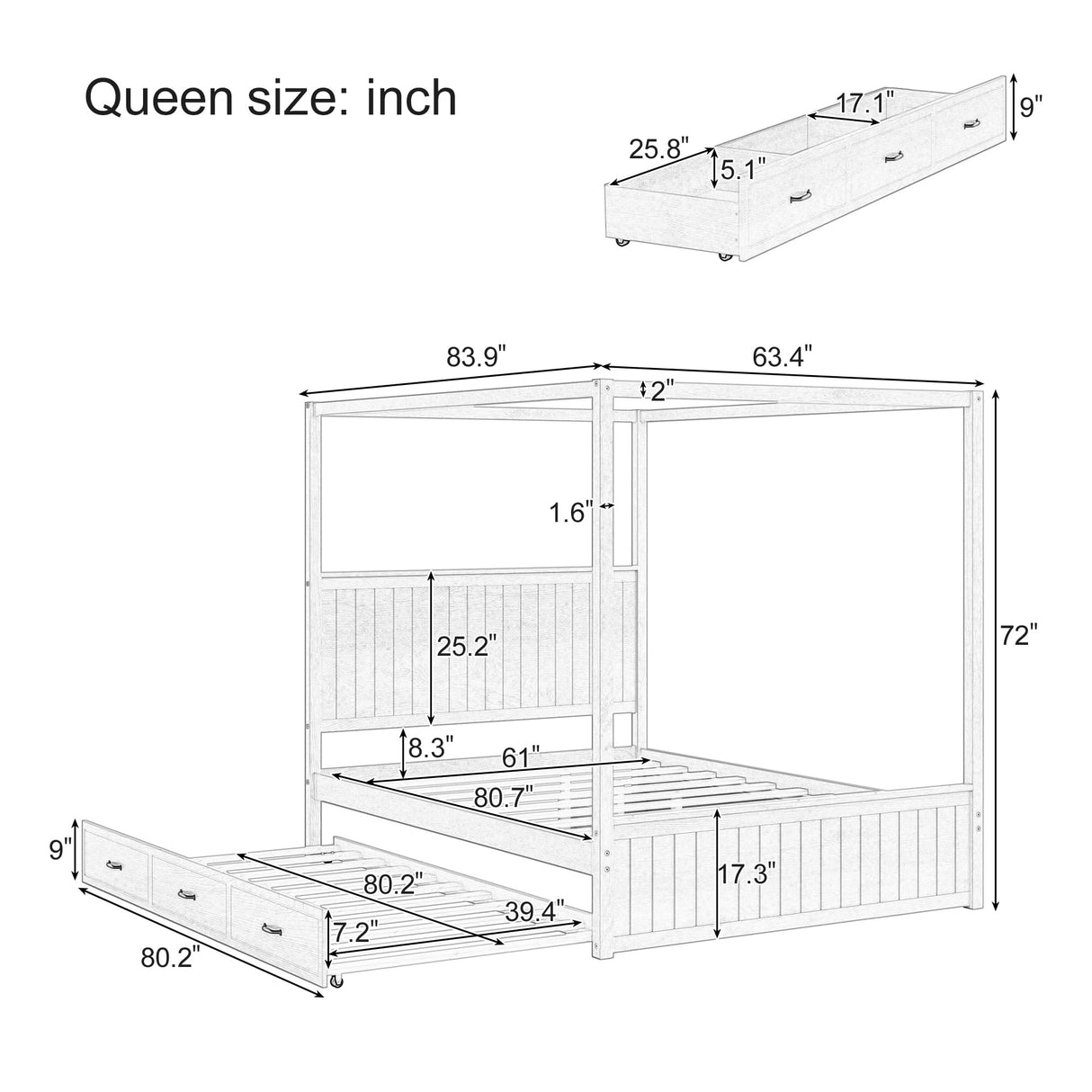 Canopy Bed Frame Queen Size, Solid Wood Four Posters Canopy Bed Frame with Headboard, Trundle and 3 Drawers, No Box Spring Needed, White RuiSiSi