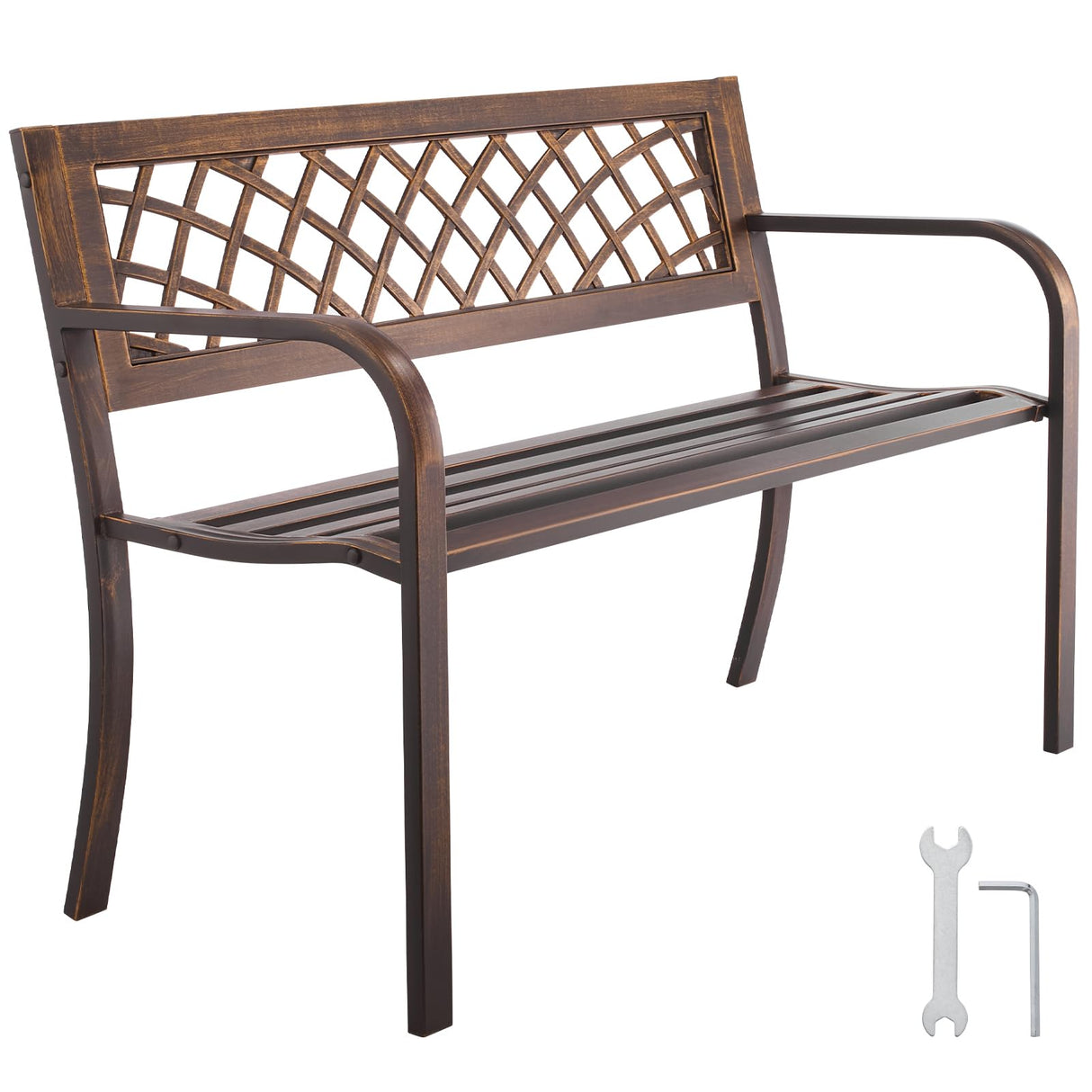 VEVOR Outdoor Bench, 46 inch, Carbon Steel Metal Frame with PVC Mesh Pattern Backrest and Round Edge Armrests, Weatherproof Outside Bench for Patio, Garden, Park, Yard, Front Porch, Antique Bronze VEVOR