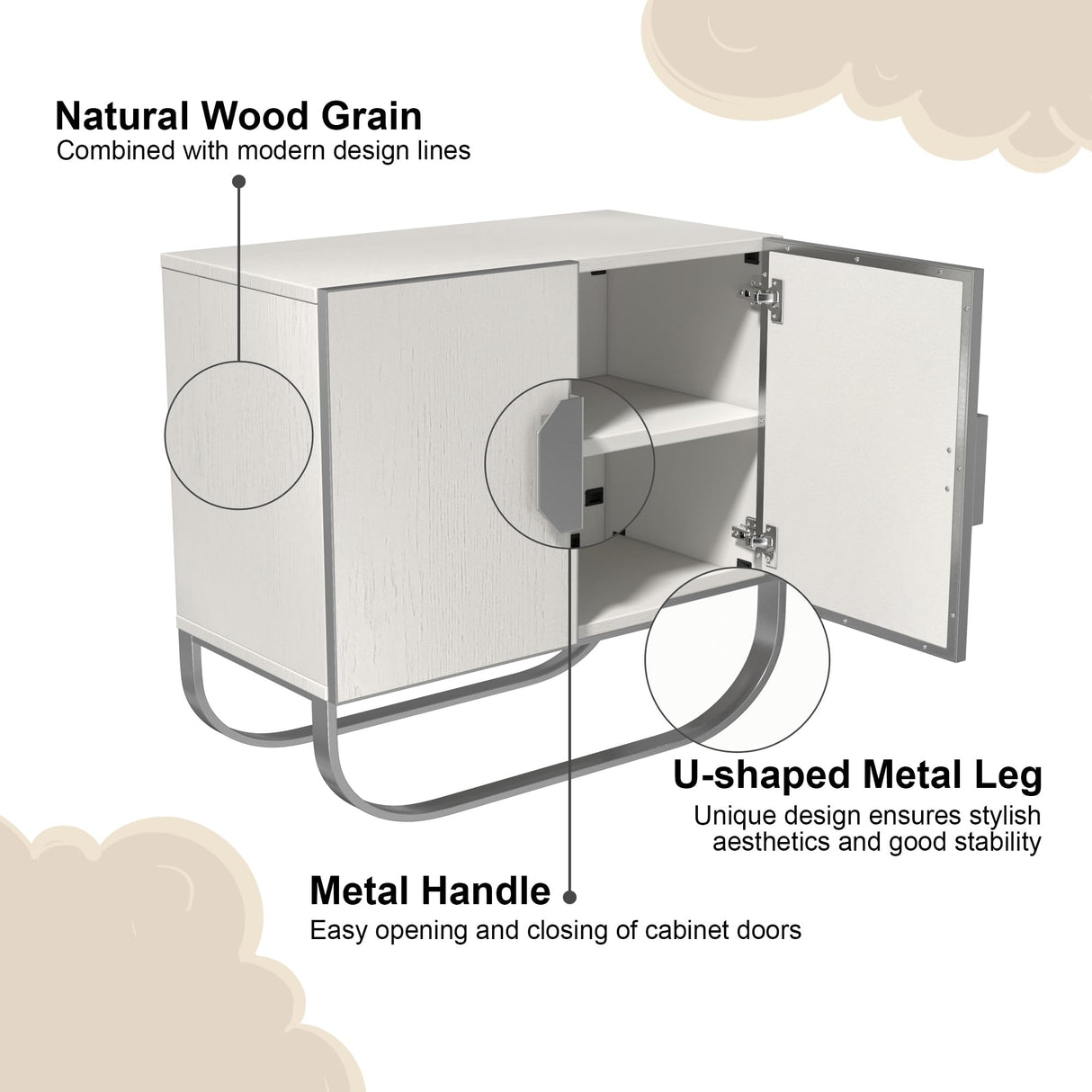 Clihome Sideboard Buffet Cabinet, 2 Door Console Cabinet TV Stand Wooden Credenza Storage Accent Cabinet with U-shaped legs for Bedroom, Living Room, Entryway, Cream White Clihome