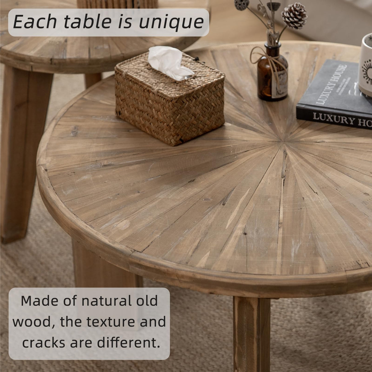 HuiDao Farmhouse Living Room Coffee Table Set of 2, Modern Circle Nesting Table Round Natural Finish with Handcrafted Old Solid Wood, Wooden Unique Coffee Table HuiDao