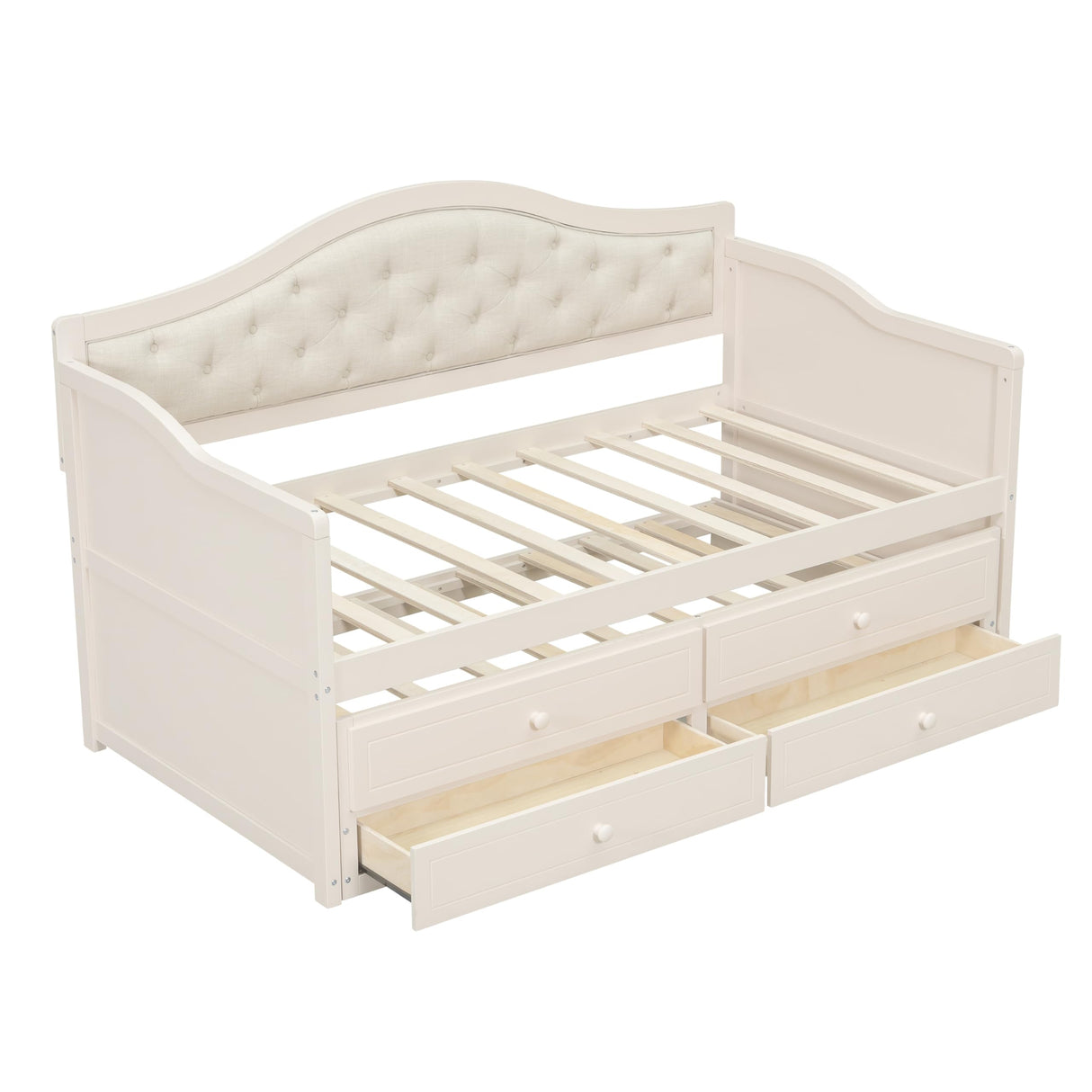 Merax Twin Daybed with Trundle and 2 Storage Drawers, Wooden Sofa Bed Twin Bed Frame with Upholstered Button Tufted Backrest for Living Room, Bedroom, Guest Room (Beige) Merax