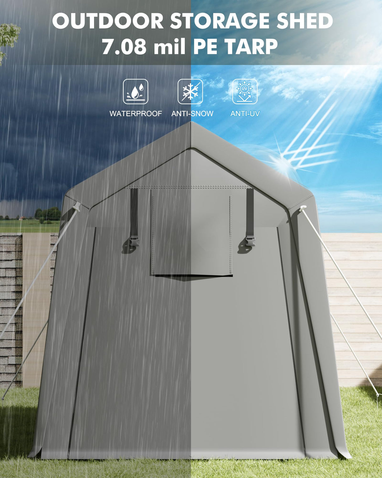 7 x 12 Ft Shelter Logic with Roll-Up Zipper Door Carport Storage Shed Heavy Duty Waterproof Tarp Storage Tent for Motorcycle, Bike, Garden Tools, Firewood DrawVibe