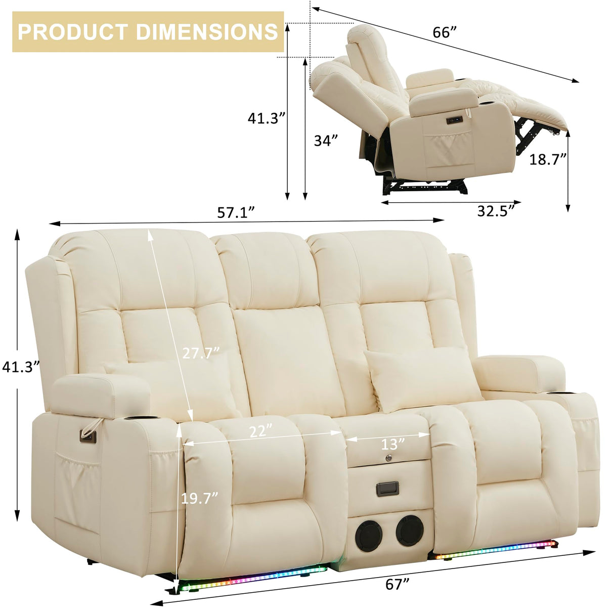 URRED Power Reclining Loveseat Sofa with Console, RV Couch Loveseat Recliner Sofa with Massage & Heat, LED Light, Cupholders, Bluetooth Speakers, USB Charge Ports, Outlets, Faux Leather, Ivory URRED