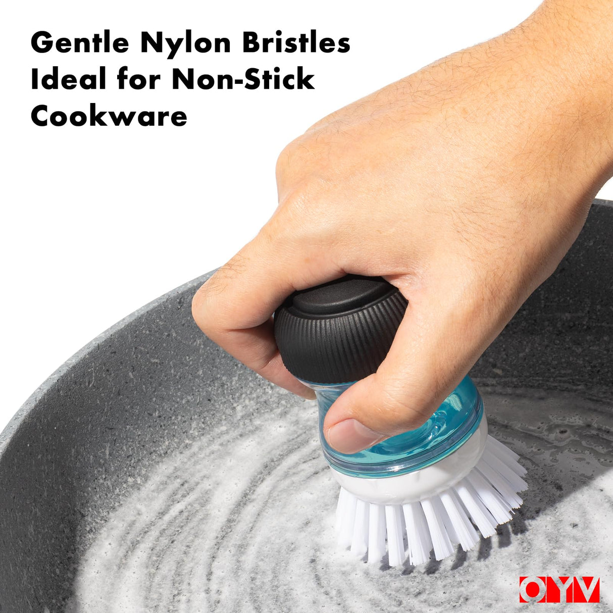 OYV Dish Scrub Brush with Soap Dispenser, Kitchen Brush for Dish Pot Pan Sink Cleaning, 1 Piece Soap Dispensing Palm Brush, Black/Clear/White OYV