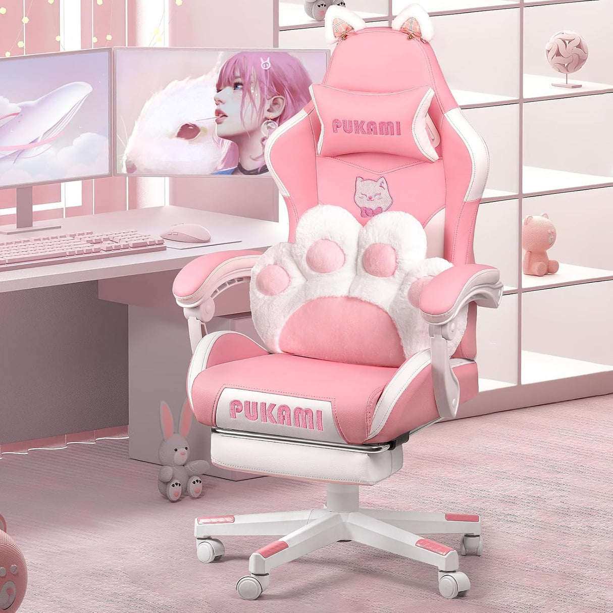 PUKAMI Pink Gaming Chair with Cat Ears and Cat Paw Cushion Pillow,Cute Computer Chair for Girl with Footrest,Ergonomic Gamer Chair, Kawaii Gaming Chair,Reclining Game Chair(Pink) PUKAMI