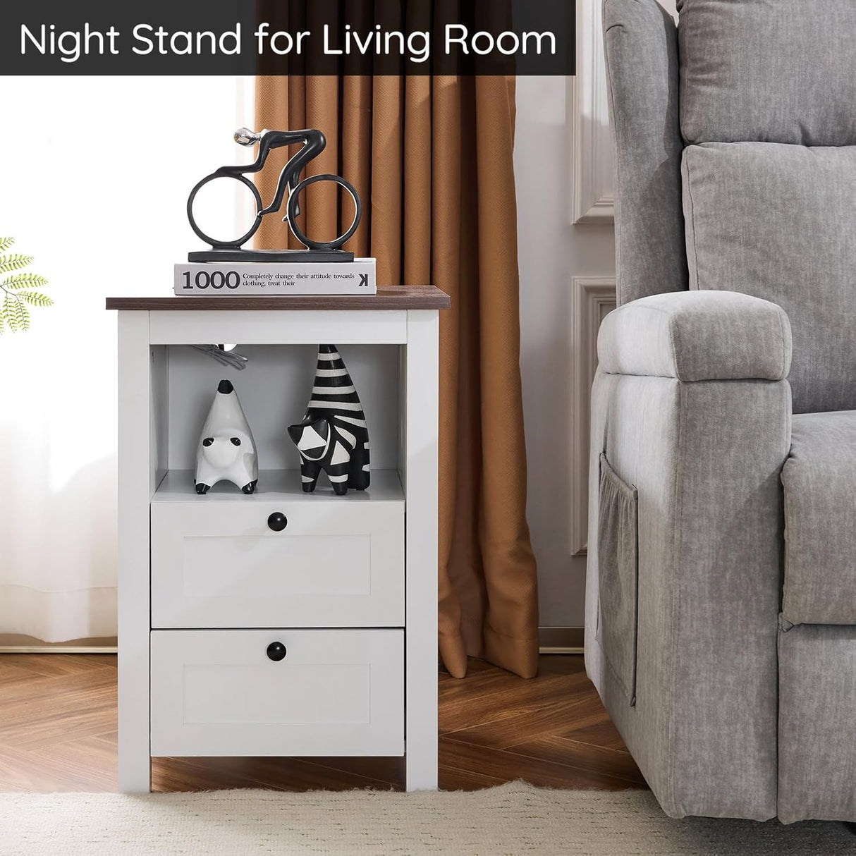 TrustKare Farmhouse Nightstand, White Nightstand with Charging Station and LED Lighting, Wood End Table with 2 Drawers, Smart Farmhouse Design Bedside Table for Bedroom Living Room TrustKare