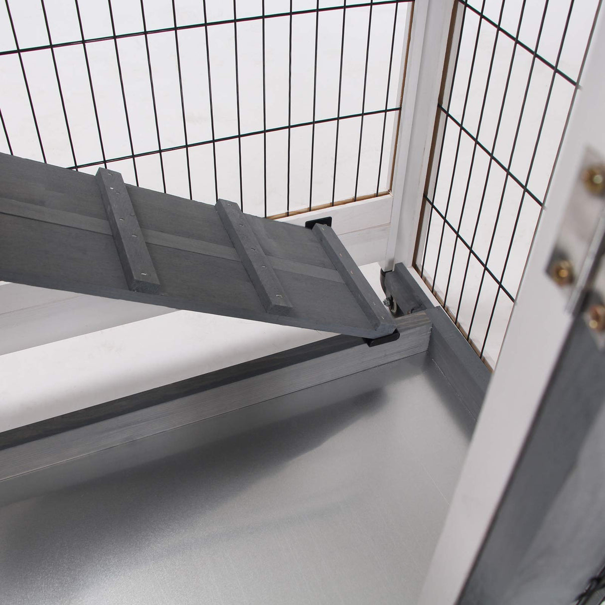 PawHut Wooden Rabbit Hutch Elevated Bunny Cage Indoor Small Animal Habitat with Enclosed Run with Wheels, Ramp, Removable Tray Ideal for Guinea Pigs, Grey PawHut