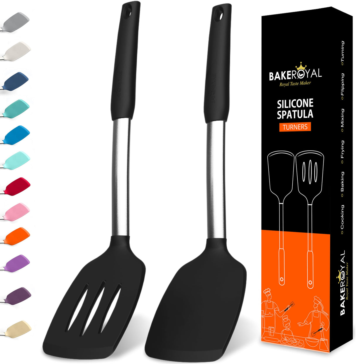 BakeRoyal Silicone Spatula Set - Turner Spatulas Silicone Heat Resistant 600°F - Slotted & Solid Silicone Spatulas for Cooking Fish, Eggs, Pancakes Flipper – Silicone Cooking Utensils Set – Black BAKEROYAL