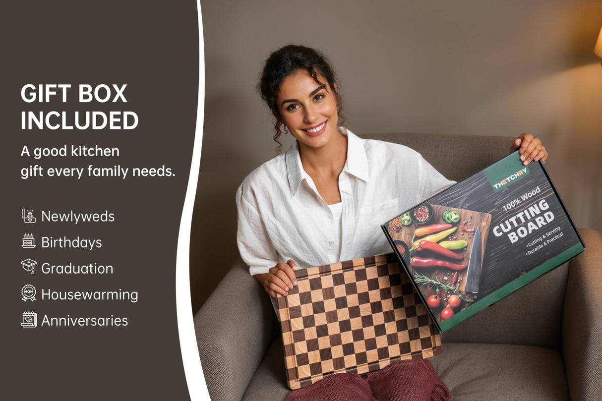 THETCHRY Large Wood Cutting Boards for Kitchen - Design in USA Checkered Cutting Board, Butcher Block Acaia Wood Cutting Board for Kitchen with Juice Grooves & Built in Handles, 17"L x 12"W x 0.8"Th thetchry
