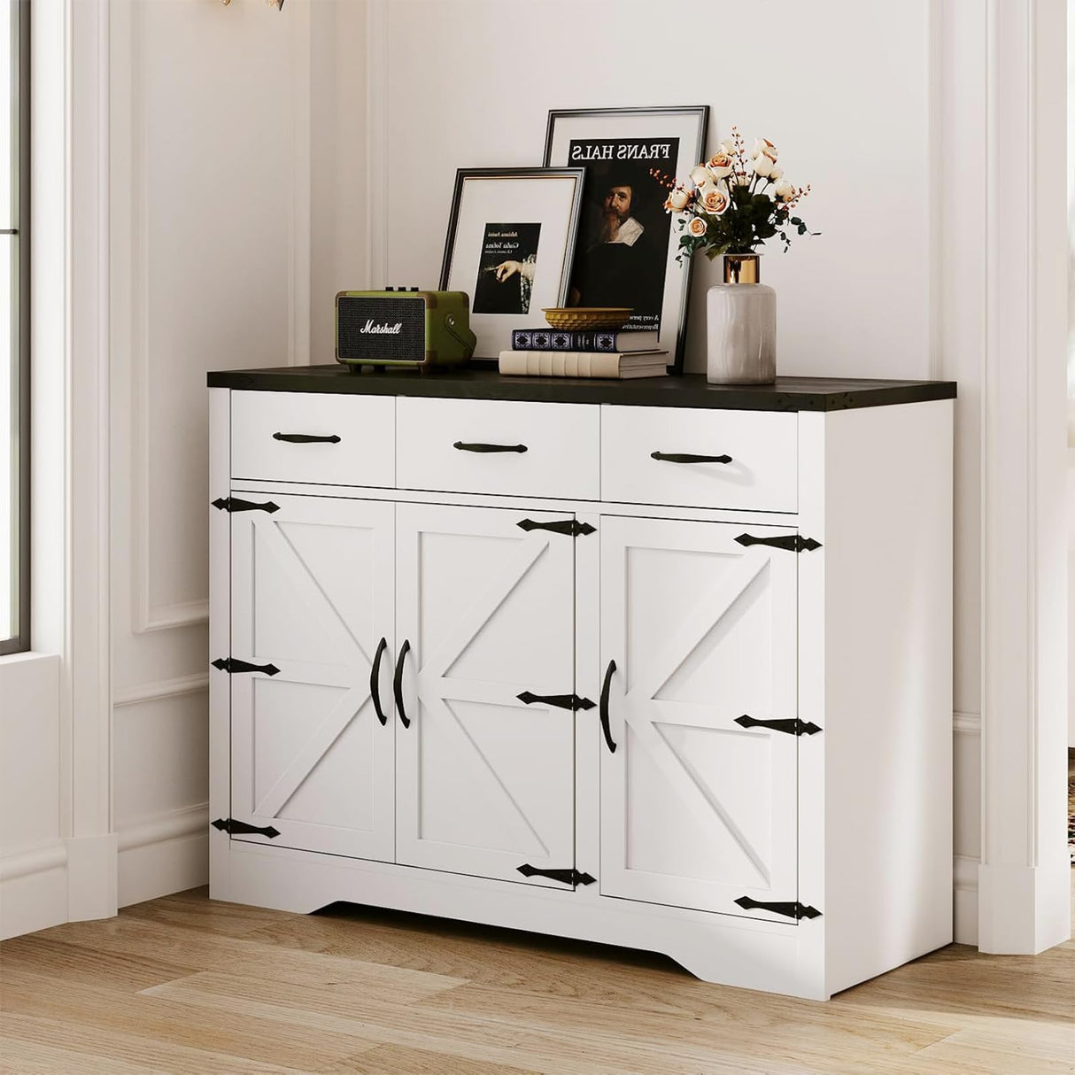 Maupvit 42.5" Farmhouse Buffet Cabinet with Storage, Coffee Bar Cabinet with 3 Drawers and 3 Barn Doors, Sideboard Cabinet, Wood Buffet Table Storage Cabinet for Kitchen, Dining Room,Living Room,White Maupvit