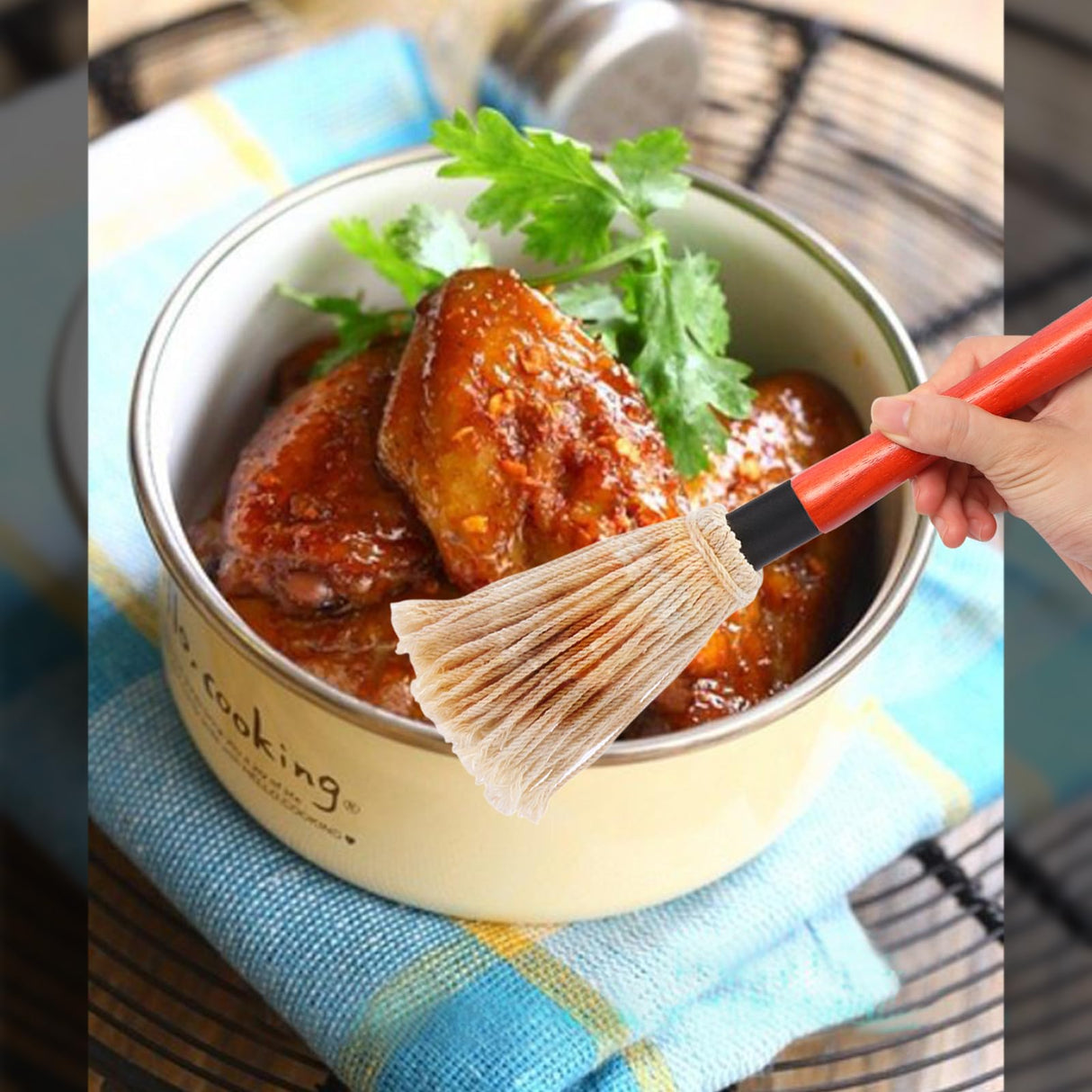 2 Pack 18 inch Grill Basting Mop with Wooden Long Handle and 2 Extra Replacement Brushes for BBQ Grilling Smoking Steak (Nature Wood & Brown) Theuzi