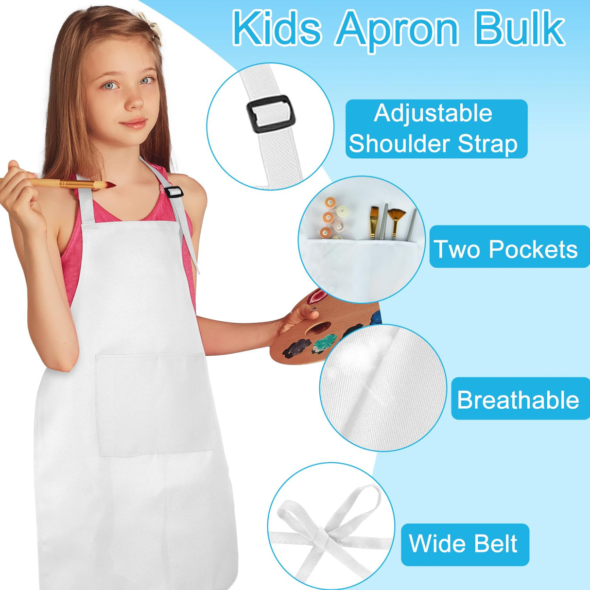 BOUBONI 6 Pack Kids Apron bulk with 2 Pockets Adjustable Chef Art Apron Kids Painting Aprons for Cooking Baking Painting Crafting Grilling Activity(White) BOUBONI