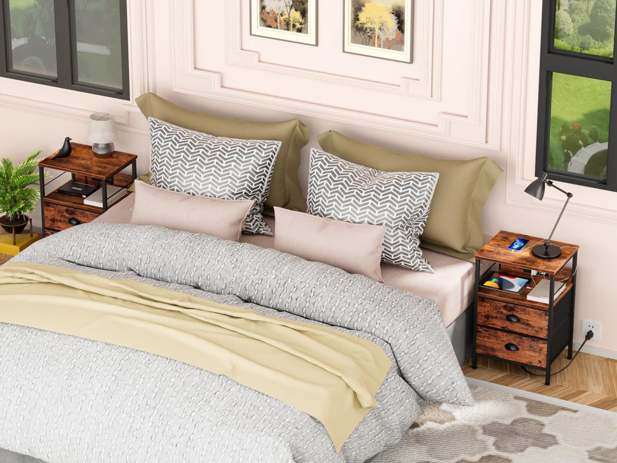 Furologee End Table with Charging Station, Nightstand with Fabric Drawers, Side Table with USB Ports & Outlets, Night Stand with Storage Shelf & Hooks, for Living Room/Bedroom, Rustic Brown Furologee