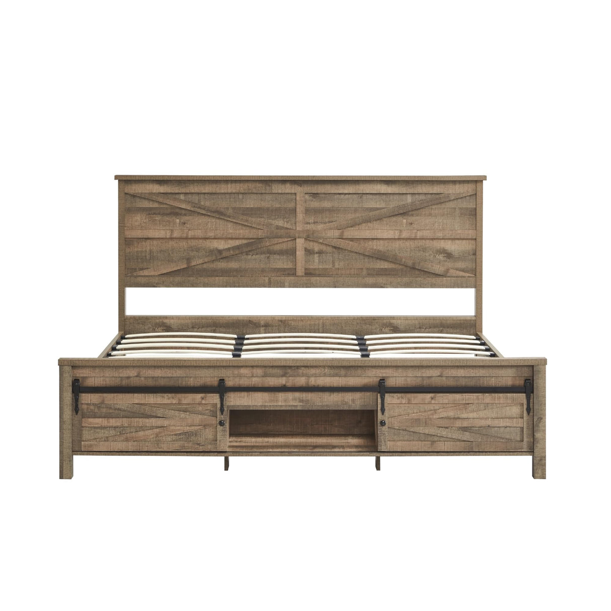 XIASLO Farmhouse King Size Bed Frame with Headboard, Sliding Barn Door Storage Cabinets, Sturdy Wood Slats Support, No Box Spring Needed, Noisy Free, Easy Assembly, Rustic Brown XIASLO