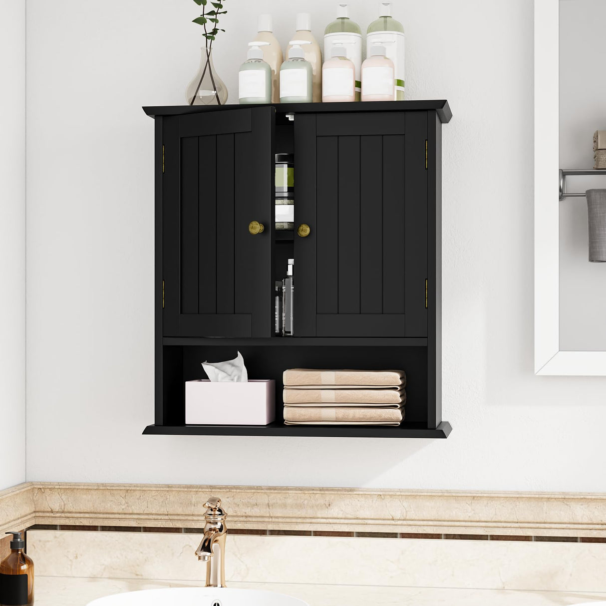 Mino Kesper Bathroom Wall Cabinet, Bathroom Cabinet Wall Mount with 2 Doors and Open Shelf, Over The Toilet Wall Storage, Wooden Medicine Cabinets Mino Kesper
