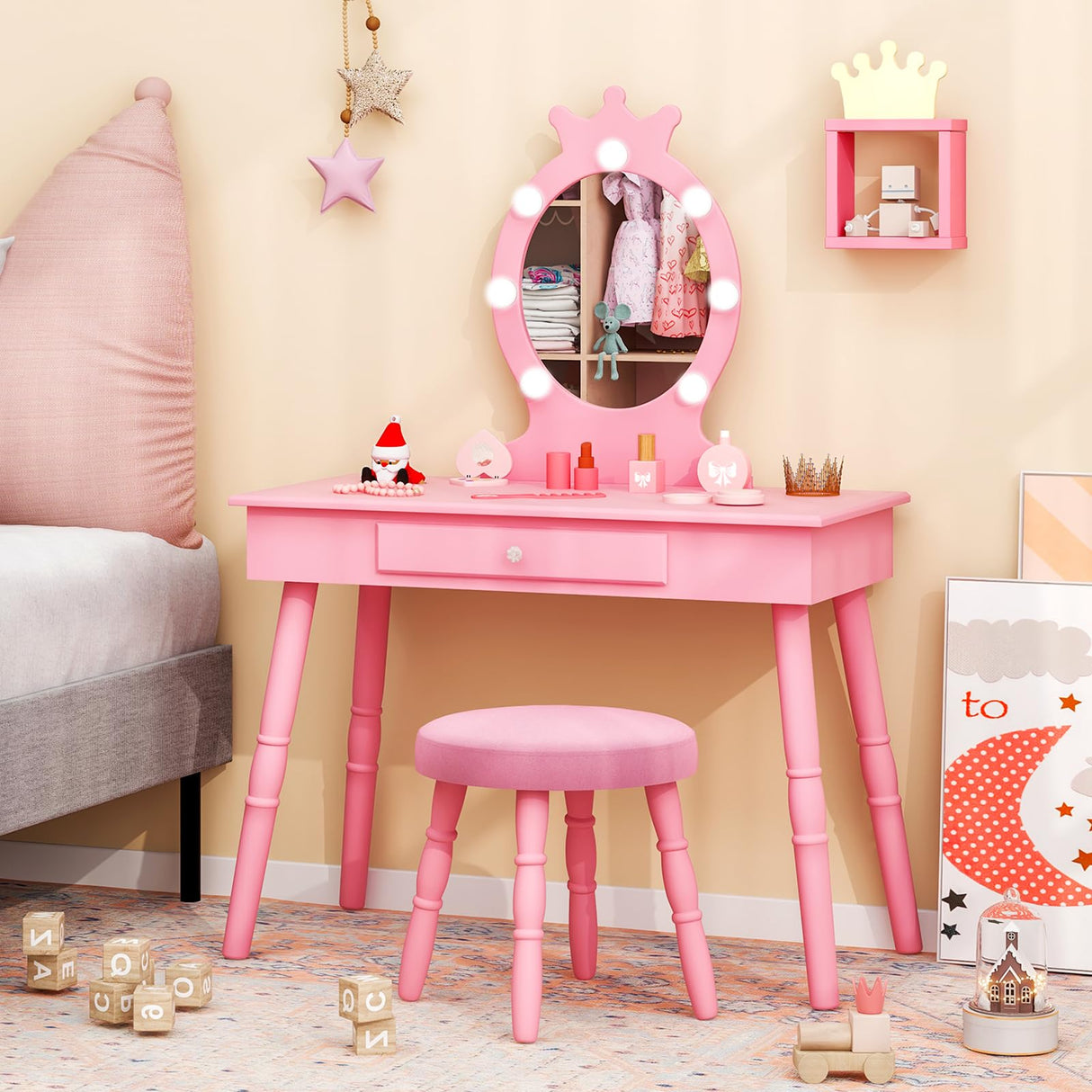 Costzon Kids Vanity, Girls Vanity Set with Mirror and Stool and Lights, Drawer, 2 in 1 Wooden Toddler Makeup Vanity Desk Dressing Table, Pretend Play Kids Vanity Table and Chair Set (Pink) Costzon