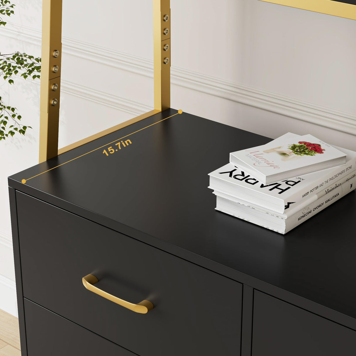 HITHOS 69" Tall Bookshelf, Modern 4-Tier Bookcase with Wooden Drawers and Ladder Shelves, Free Standing Storage Cabinet Kitchen Bakers Rack with Microwave Oven Stand for Home Office, Black Gold HITHOS