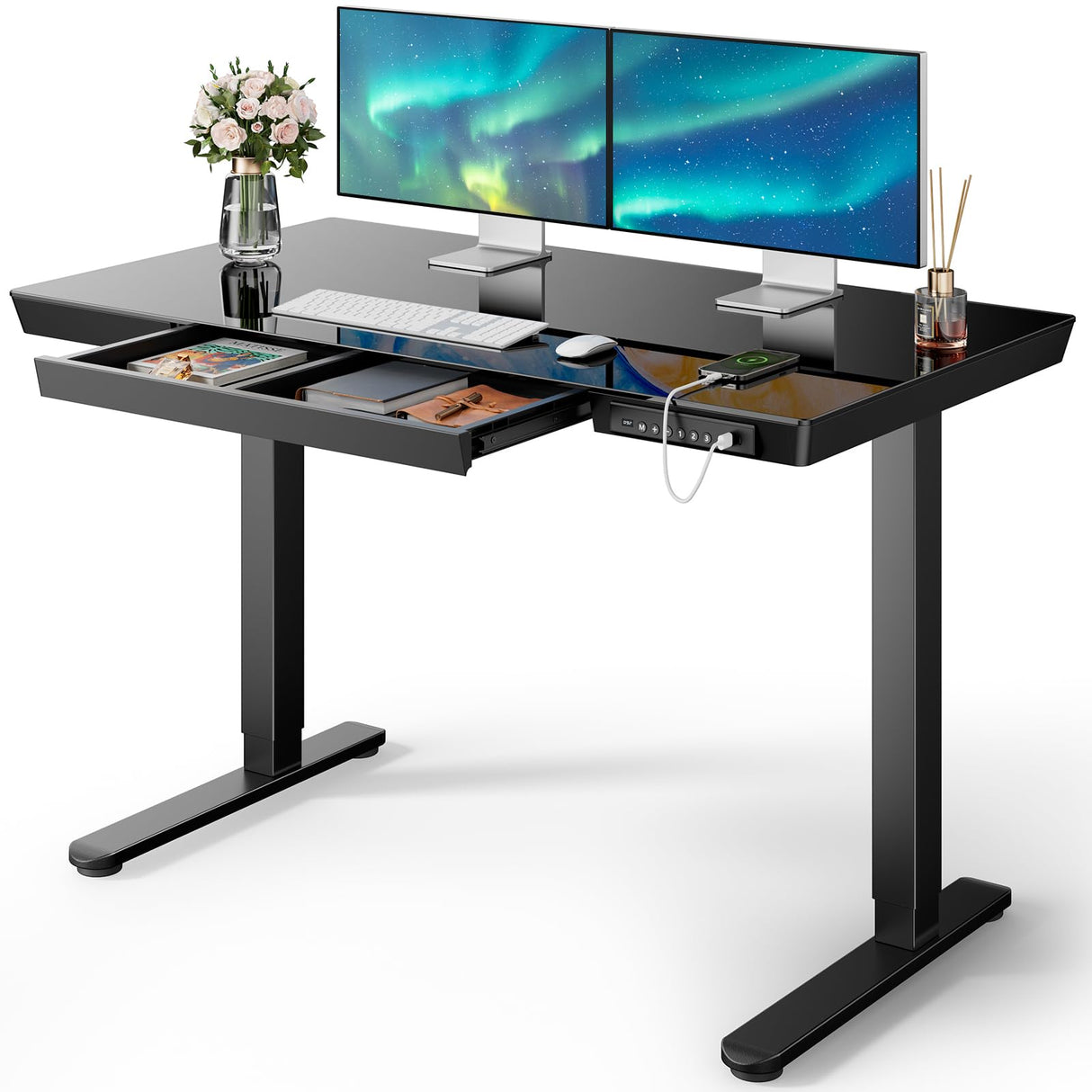 Marsail Glass Standing Desk with Drawer, 48 x 24 inch Electric Standing Desk, Height Adjustable Desk with One-Piece Tabletop & USB Charging Ports, Sit Stand Desk with Storage for Home & Office Black Marsail
