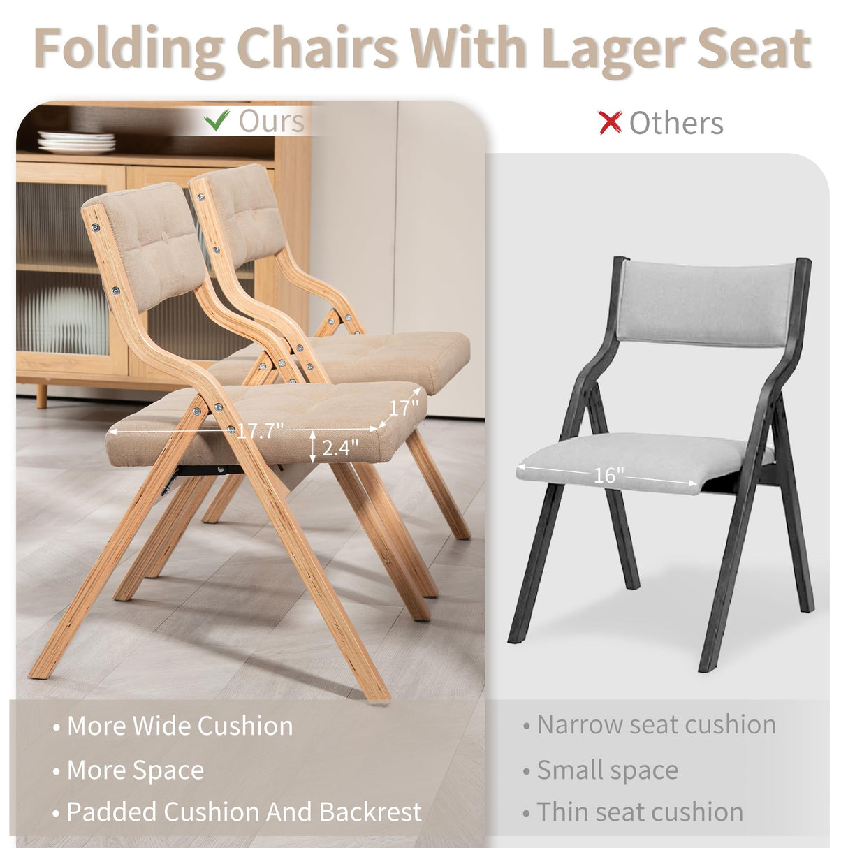 HOMEFUN Folding Chairs with Cushion, Wooden Padded Folding Chairs 4 Pack, Portable and Assembled Folding Dining Chair for Guests Kitchen Office Wedding and Party, Khaki HOMEFUN