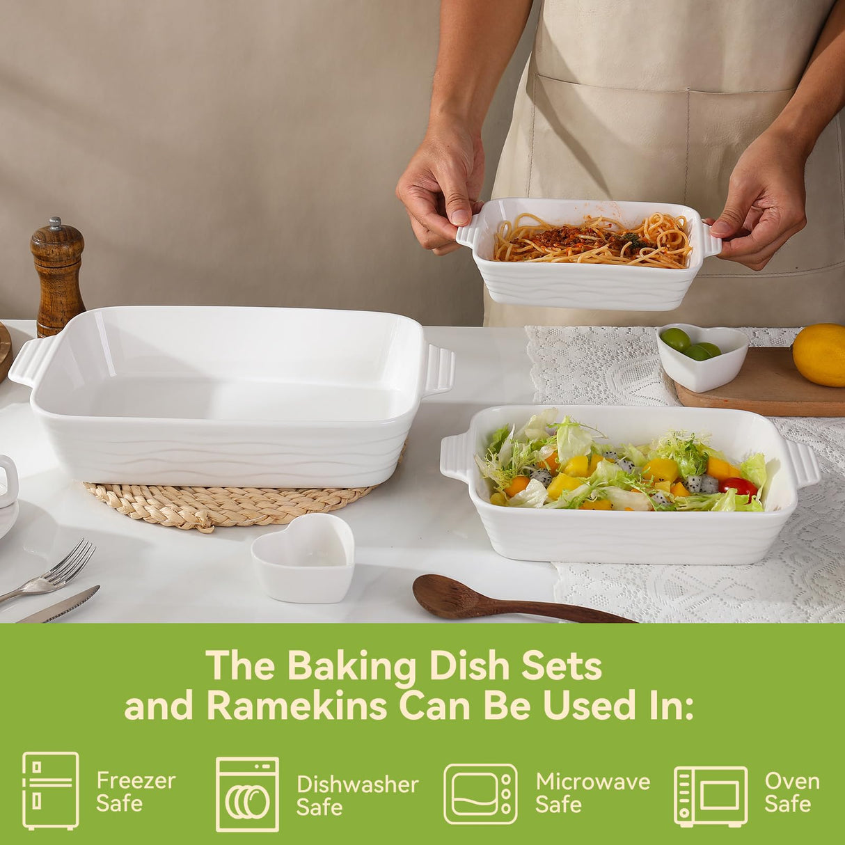 Baking Dish for Oven Casserole Dishes Bakeware Set With Ramekin Ceramic Lasagna Pan 9×12.8 Inch Large Deep Baking Dishes Rectangular Non-Stick Baking Pans for Kitchen Baking and Roasting White RUYOLIKS