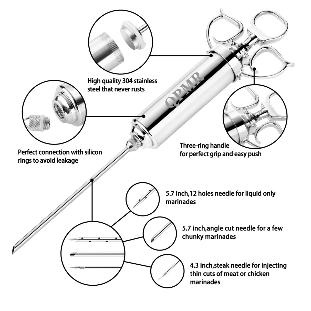QPMR Meat Injector Syringe Kit, 2-oz Large Capacity Marinade Turkey Injector with 3pcs Stainless Steel Marinade Injector Needles for BBQ Grill Smoker & Turkey & Brisket QPMR