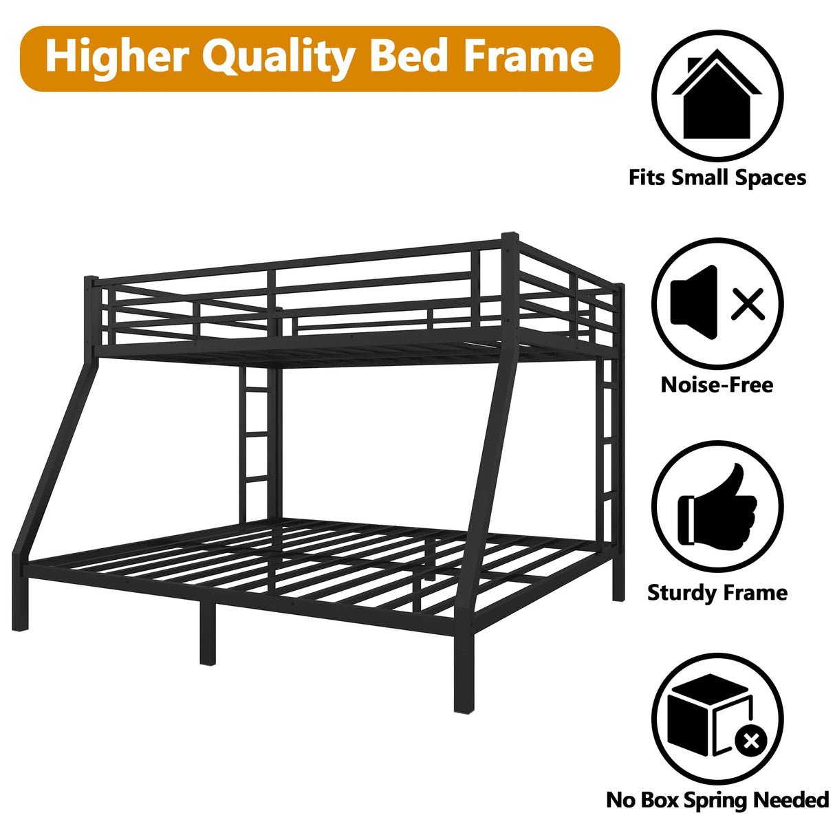 Thctvous Queen Over King Bunk Bed,Heavy-Duty Metal Bunk Bed Frame for Adults Teen Kids,2 Side Ladder,Guardrail,Space-Saving,Noise Reduced,No Box Spring Needed,Black (Queen Over King) Thctvous