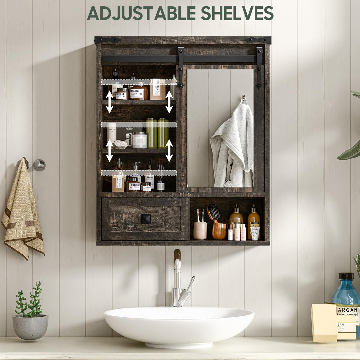 Bathroom Wall Cabinet, Farmhouse Medicine Cabinet with Sliding Mirror Door and Adjustable Shelves, Over The Toilet Space Saver Storage Cabinet with Towels Bar, Wall Mounted Cupboard Vabches