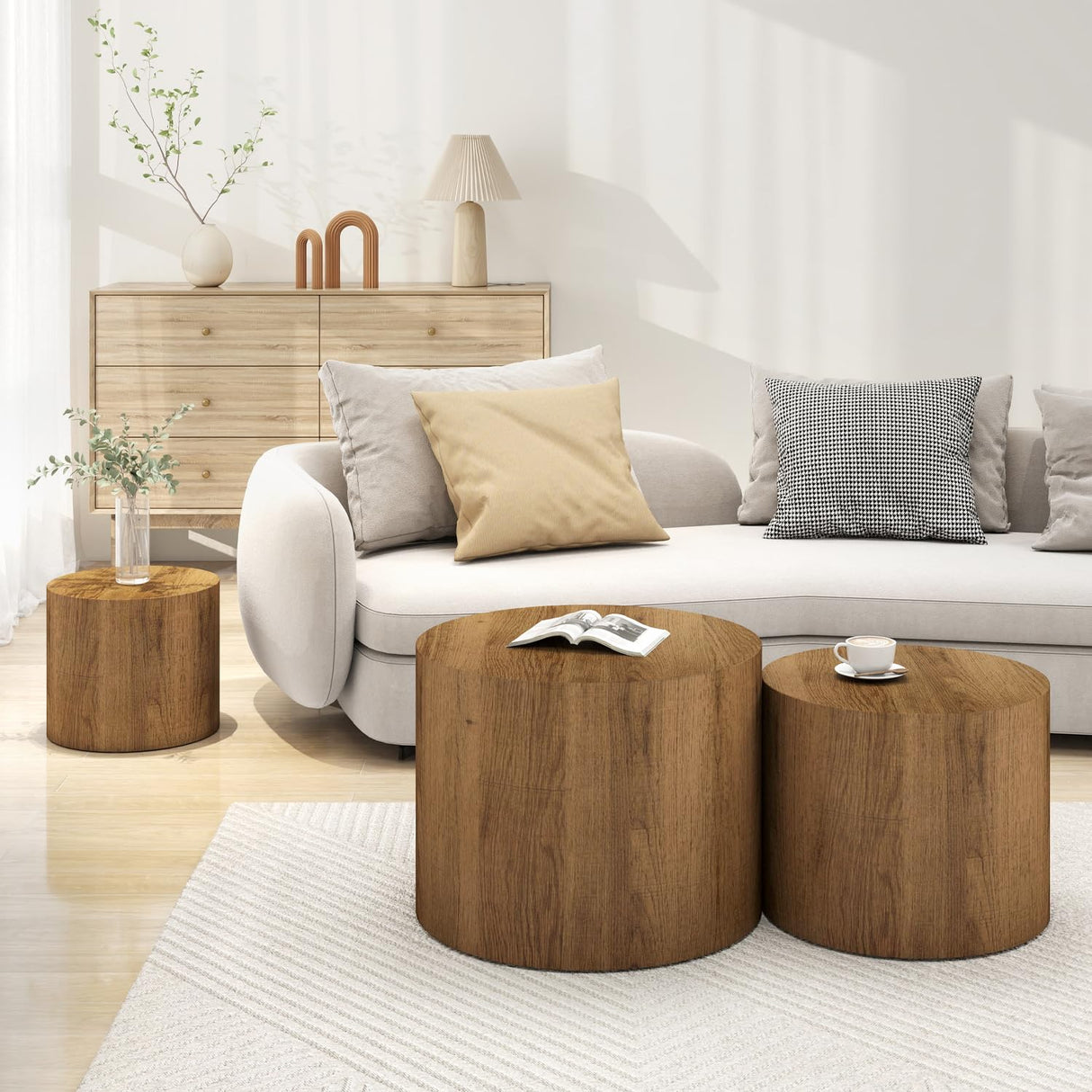 Vikiullf Nesting Coffee Table Set of 3, Round Wooden Coffee Tables, Modern Circle Table for Living Room, Bedroom, Accent Side Table End Table, Saving Space Design and No Need Assembly Vikiullf