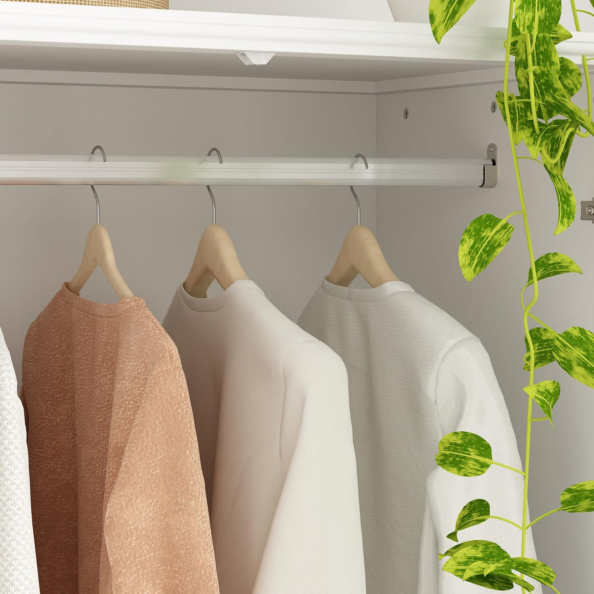 WOODTIME Wardrobe Closet with Hanging Rod, Modern Wooden Armoire with 4 Framed Doors & 3 Large Shelves, Clothes Storage Cabinet Organizer for Bedroom Apartment, White WOODTIME