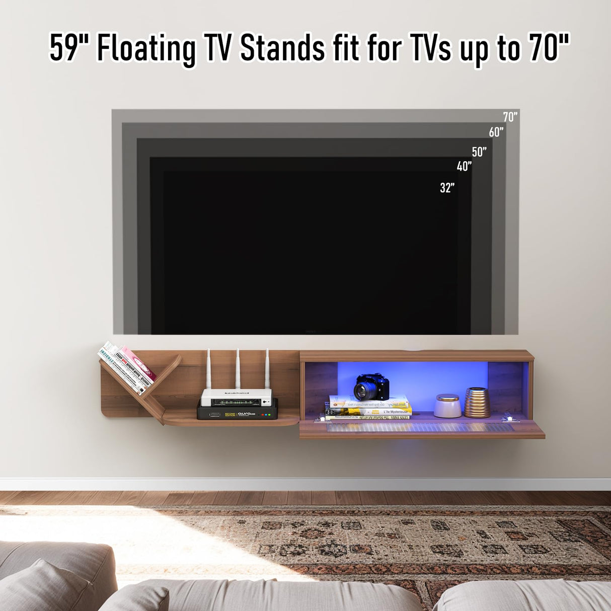 Pmnianhua Rustic Floaing TV Stand with LED Lights,59'' Wall Mounted Media Console,Floating Entertainment Center,Floating Shelf with Glass Door and Storage for Under TV Projector(White) Pmnianhua