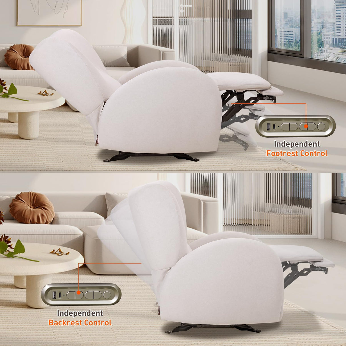 EONIX Stylish Power Glider Rocker Recliner Chair, Dual Motor Independently Controlled Footrest and Backrest, Detachable Headrest, Lazy Boy Recliner Chair for Living Room, SXXY010041, Cream White EONIX