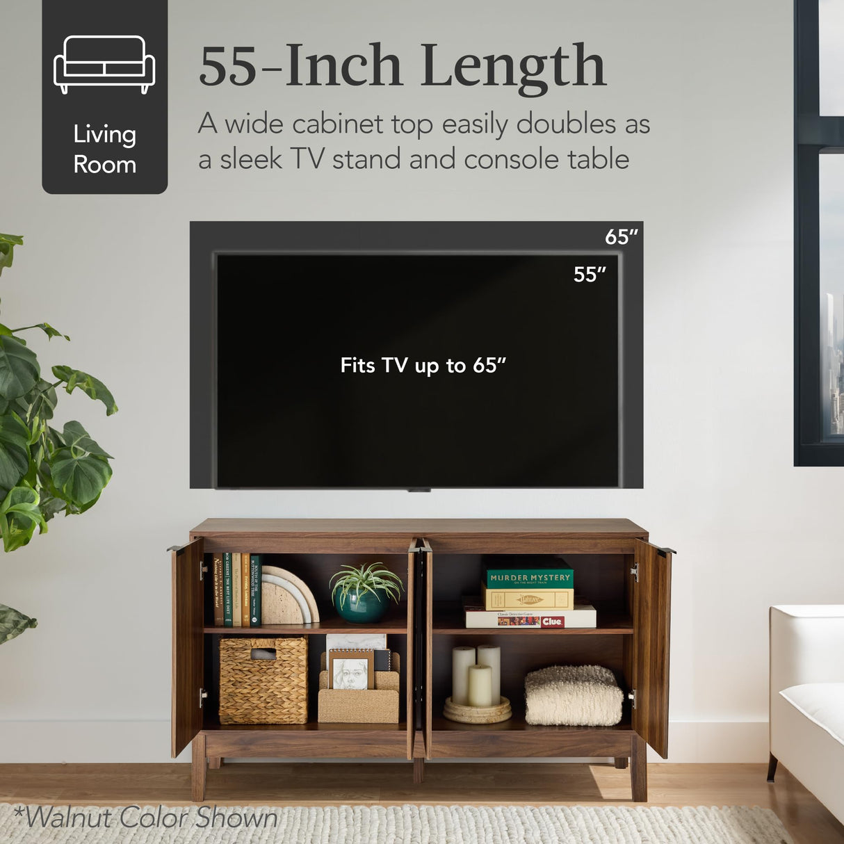 Best Choice Products 55" Modern 4-Door Sideboard Storage Cabinet, Buffet, Media Cabinet, Cupboard, Entryway Accent Table, Bookcase w/Reed Panels and Adjustable Shelves - Black Best Choice Products