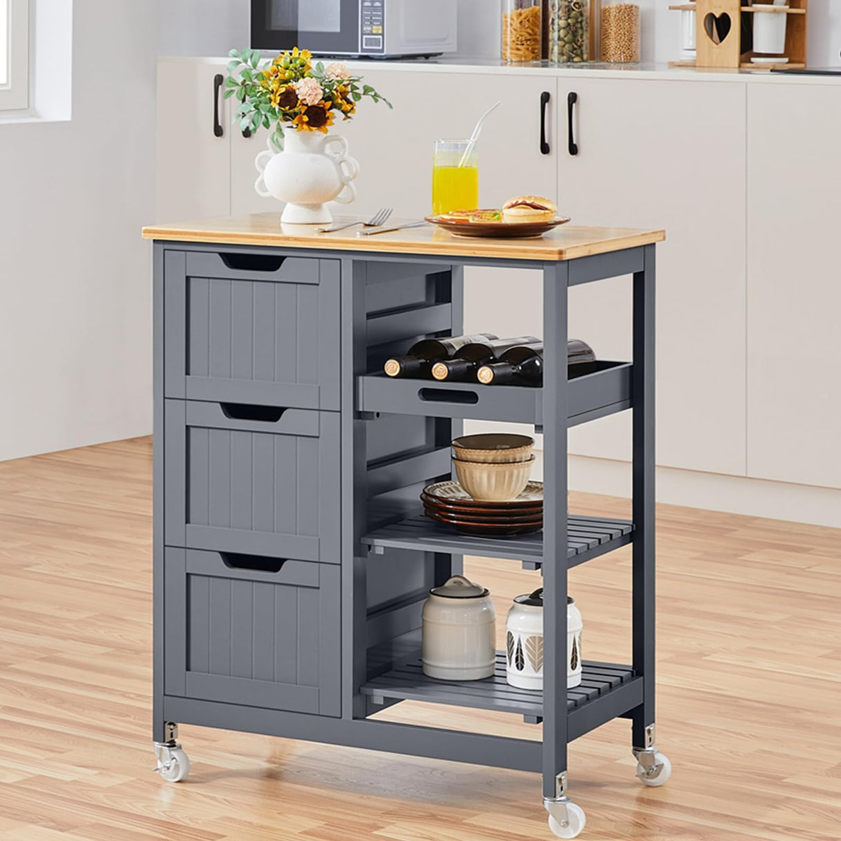 Yaheetech Kitchen Island Cart on Wheels with Storage, Rolling Bar Cart with Solid Wood Top and 3 Drawers, 3 Removable Shelves, Serving Utility Carts for Dining Room/Small Kitchen, Dark Gray Yaheetech