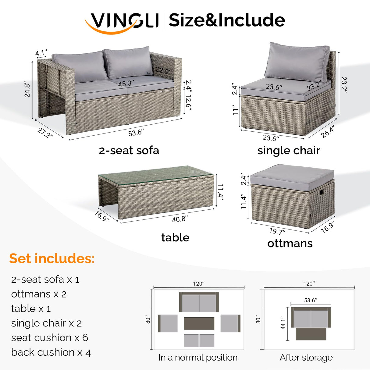 VINGLI 6 Pieces Wicker Patio Furniture Set, Outdoor Sectional Furniture Patio Conversation Set Space-Saving Design with Ottomans and Coffee Table for Garden,Poolside, Backyard(Grey) VINGLI