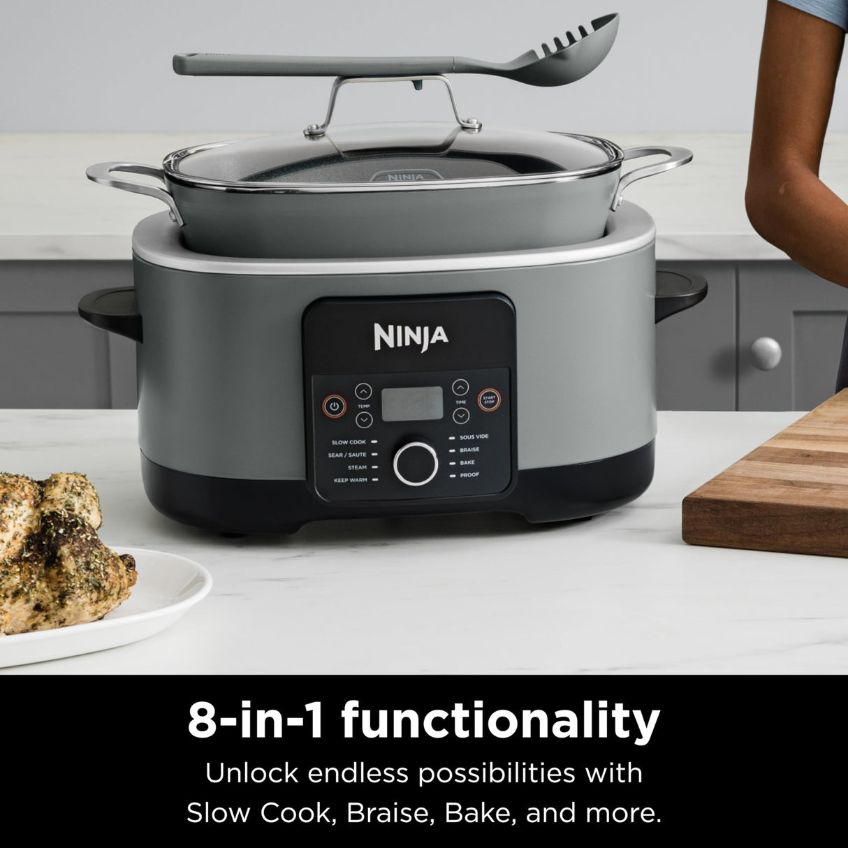 Ninja MC1001 Foodi PossibleCooker PRO 8.5 Quart Multi-Cooker, with 8-in-1 Slow Cooker, Dutch Oven, Steamer, Glass Lid Integrated Spoon, Nonstick, Oven Safe Pot to 500°F, Sea Salt Gray Ninja