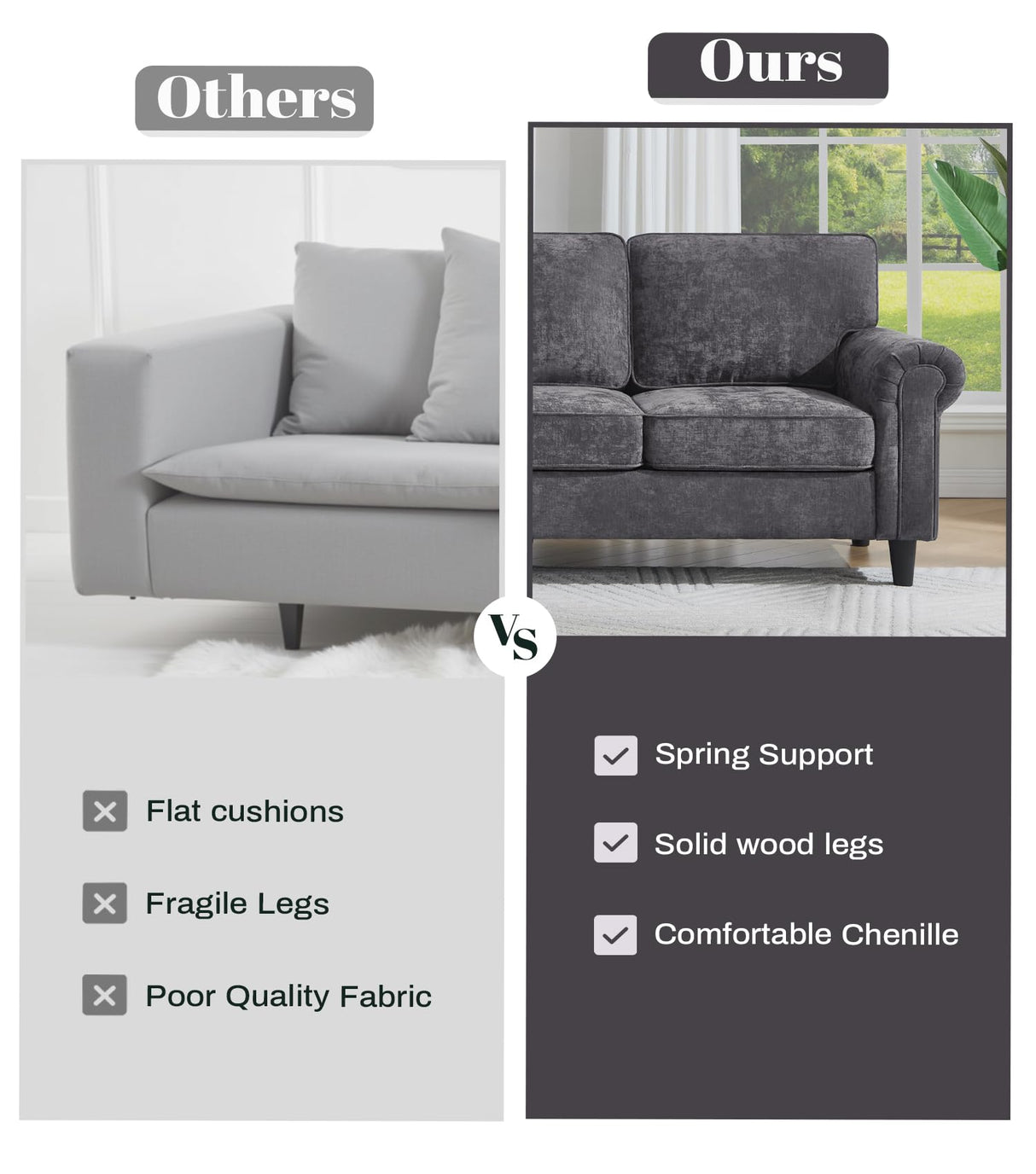 Kingfun 3 Seater Couch, Mid Century Modern Sofa with Rolled Arms and Deep Seats, Fluffy Comfort for Living Room, Apartment, Easy Assembly, Gray Kingfun