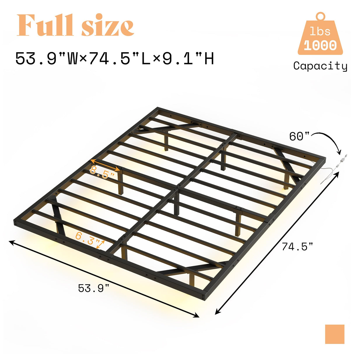 AMERLIFE Floating Bed Frame with LED Lights - Heavy Duty Black Metal Platform, No Box Spring Needed AMERLIFE