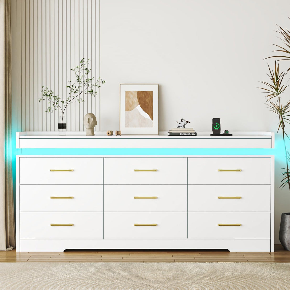Bvldfamly Wide 9 Drawers Dresser with LED Lights - 63 INCH Modern Wooden Chest of Drawers for Bedroom, Charging Station Storage Organizer Closet for Bedroom, Living Room, White Bvldfamly