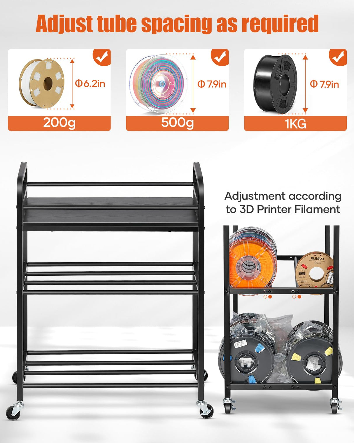 3D Printer Filament Storage Rack- Rolling Filament Spool Holders Racks with Wheels, Heavy Duty Metal Shelf for PLA/ABS/TPU/Nylon, Filaments Organzied for 3D Printing Studio, Office Workshop (Black) Rackgolfic