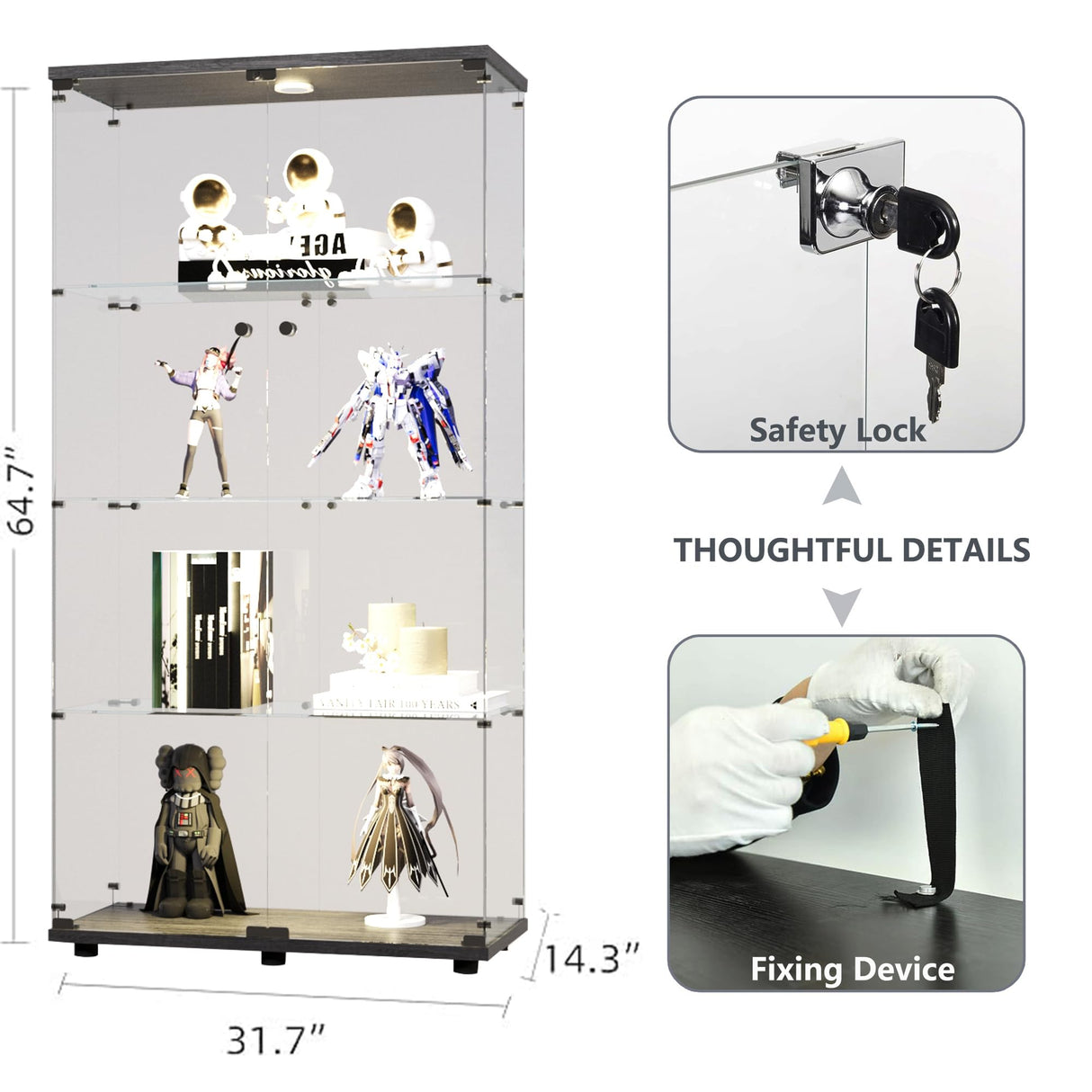 64.7" Glass Display Cabinet 4-Shelf Black Display Case with LED Light and Two Glass Doors Modern Curio Collection Cabinet, Floor Standing Bookshelf for Living Room Office(Black 64.7"x31.7"x14.3") Fulocseny