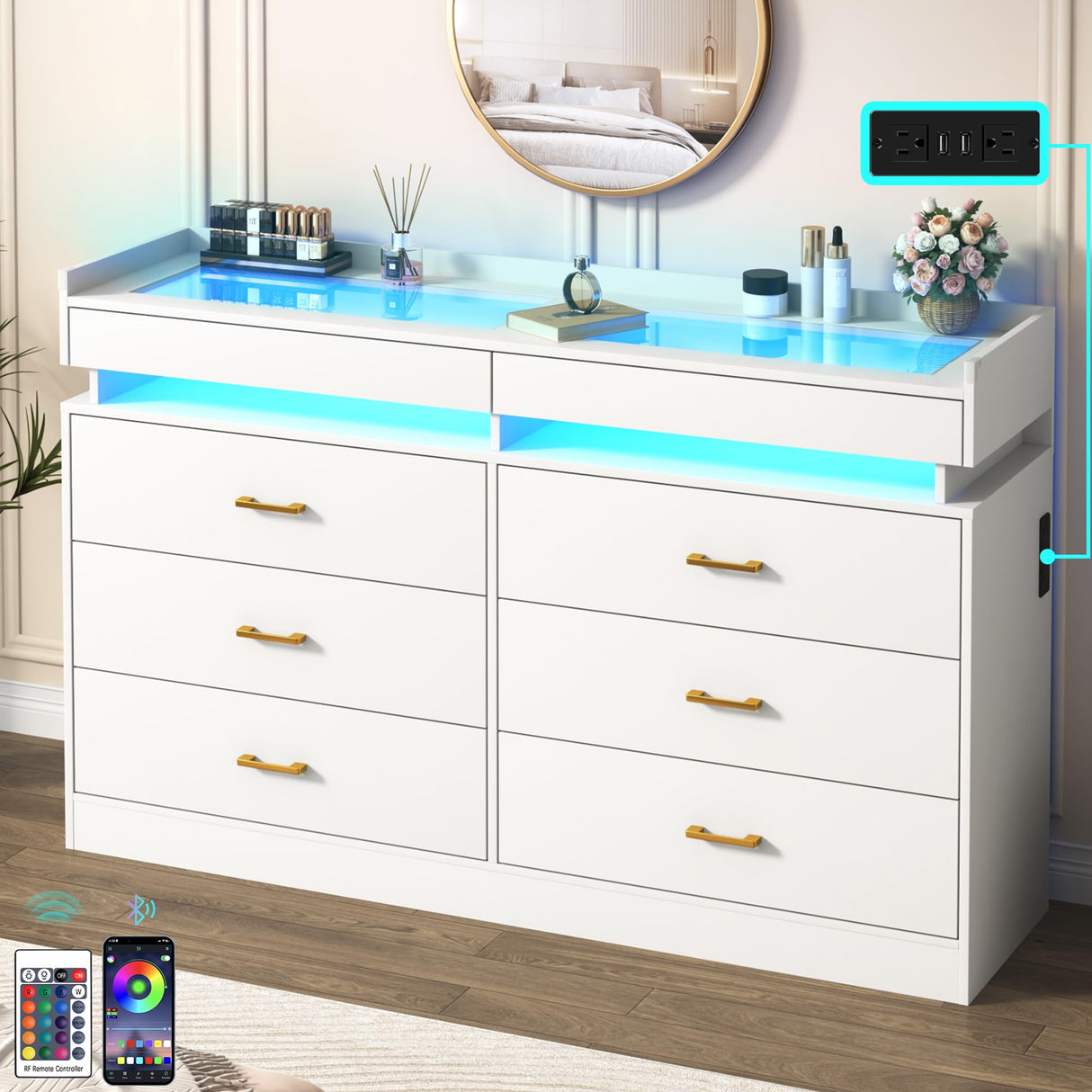 59''W Large Modern 8 Drawers Dresser for Bedroom with Glass Tabletop,Wide Wooden 6 Chest of Drawers for Closet&2 Jewelry Drawers,LED Light,Power Outlets,Tall Storage Dresser for Bedroom,White Hlivelood