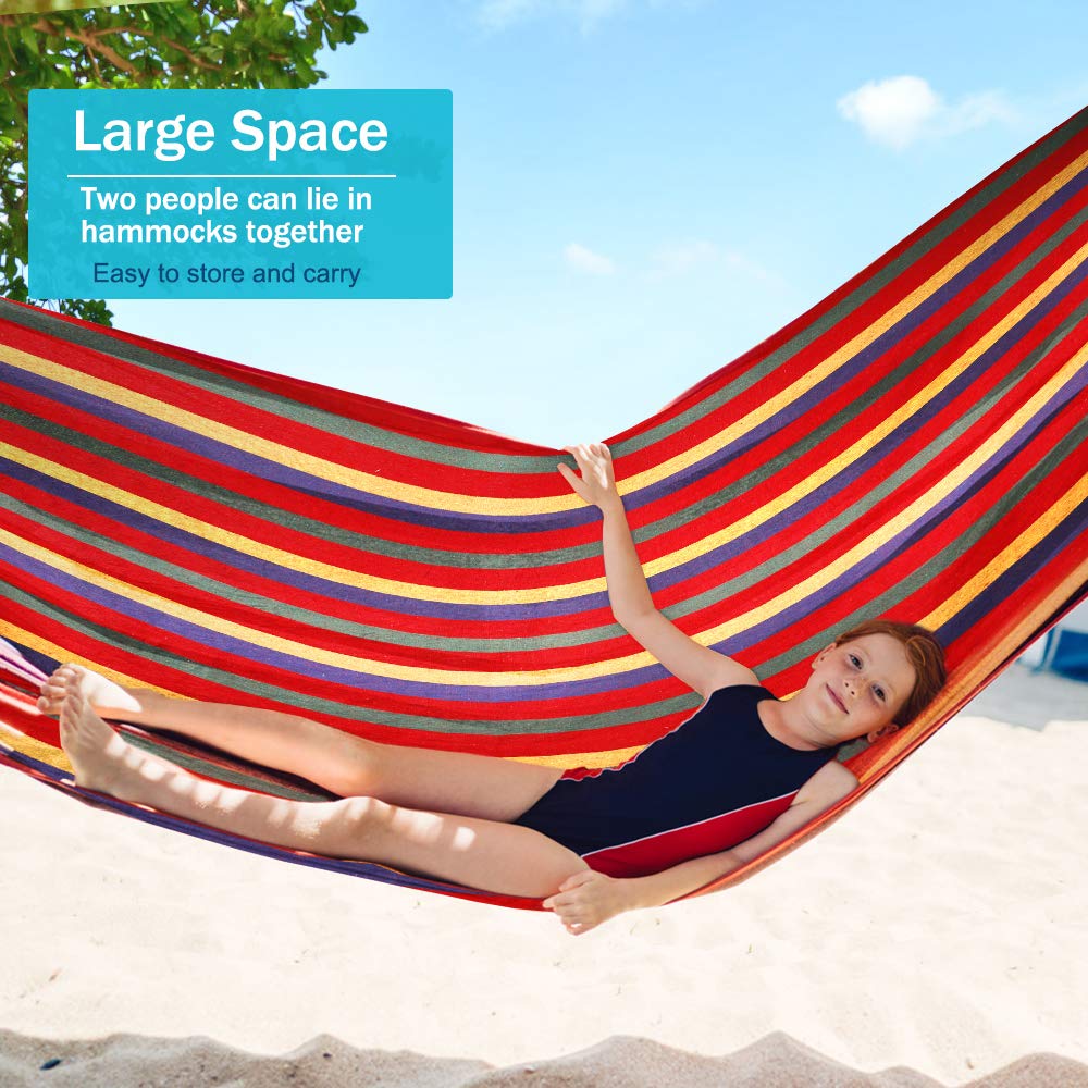 Outerman 275 x 155 cm Camping Hammock, Hammocks Thickened Canvas Fabric with 550lb Load Capacity, Two Anti Roll Balance Beam and Sturdy Metal Knot Tree Straps for Travel, Beach, Backyard etc. Outerman