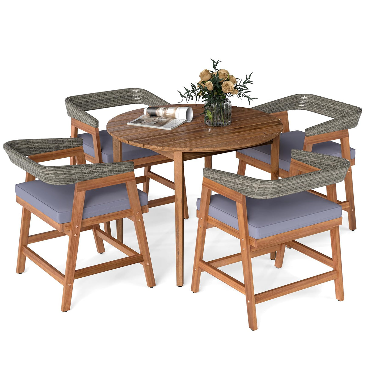 Tangkula 5 Piece Patio Dining Set for 4, Outdoor Solid Wood Round Table with Cushioned Chairs, for Deck, Lawn, Garden and Poolside Tangkula