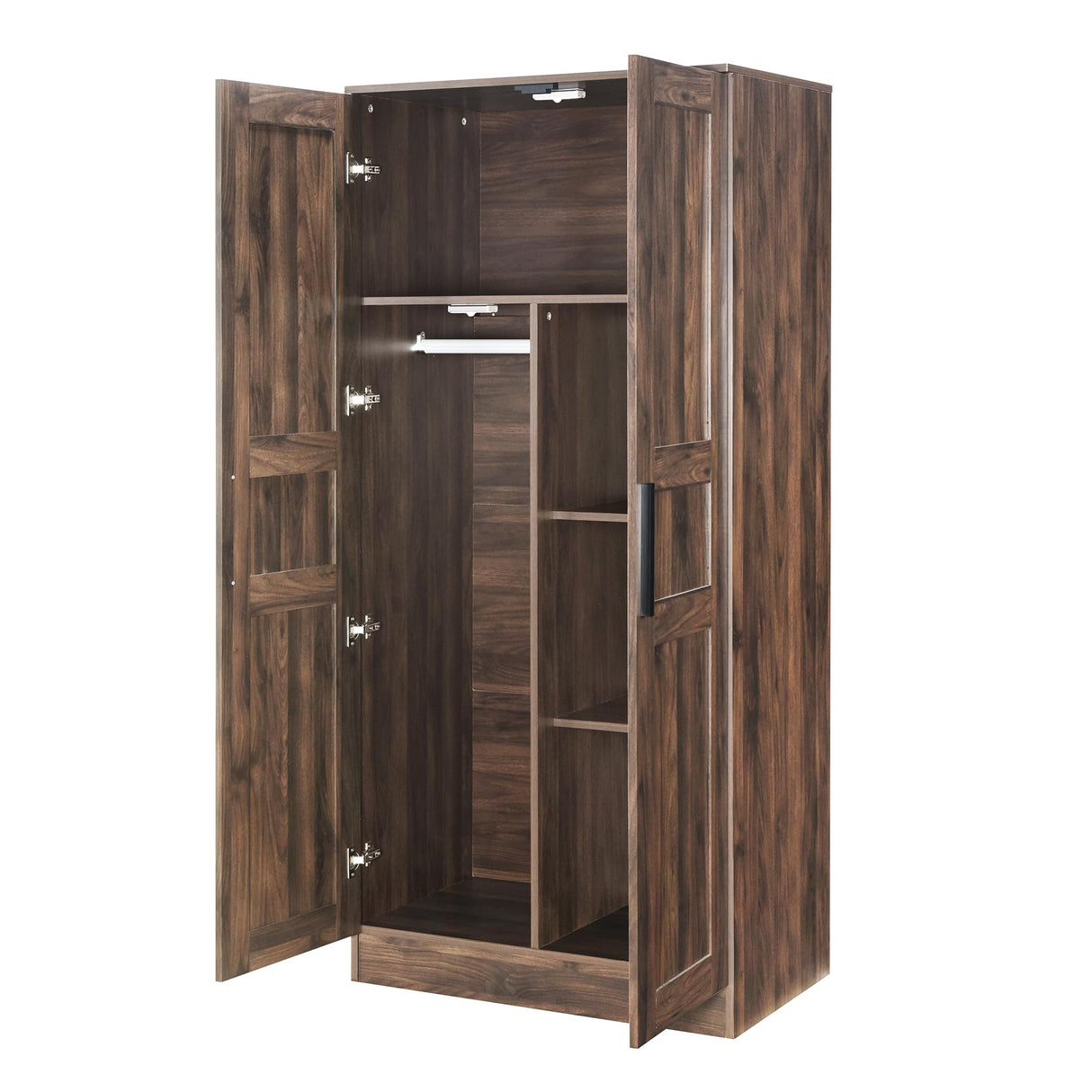 Merax Small Wardrobe Closet with 2 Doors, Wooden 2-Door Armoire Wardrobe Closet with LED and Hanging Rail, Mid Century Brown Bedroom Armoire for Clothing, Brown Merax