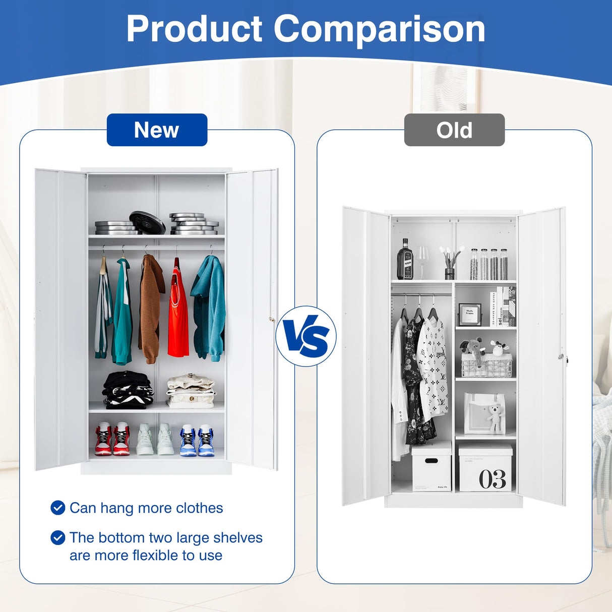 BYNSOE Metal Storage Cabinet 72'' Metal Locker with Locking Metal Storage Locker with Hanging Rod for Office Hospital Require Assembly (White) BYNSOE