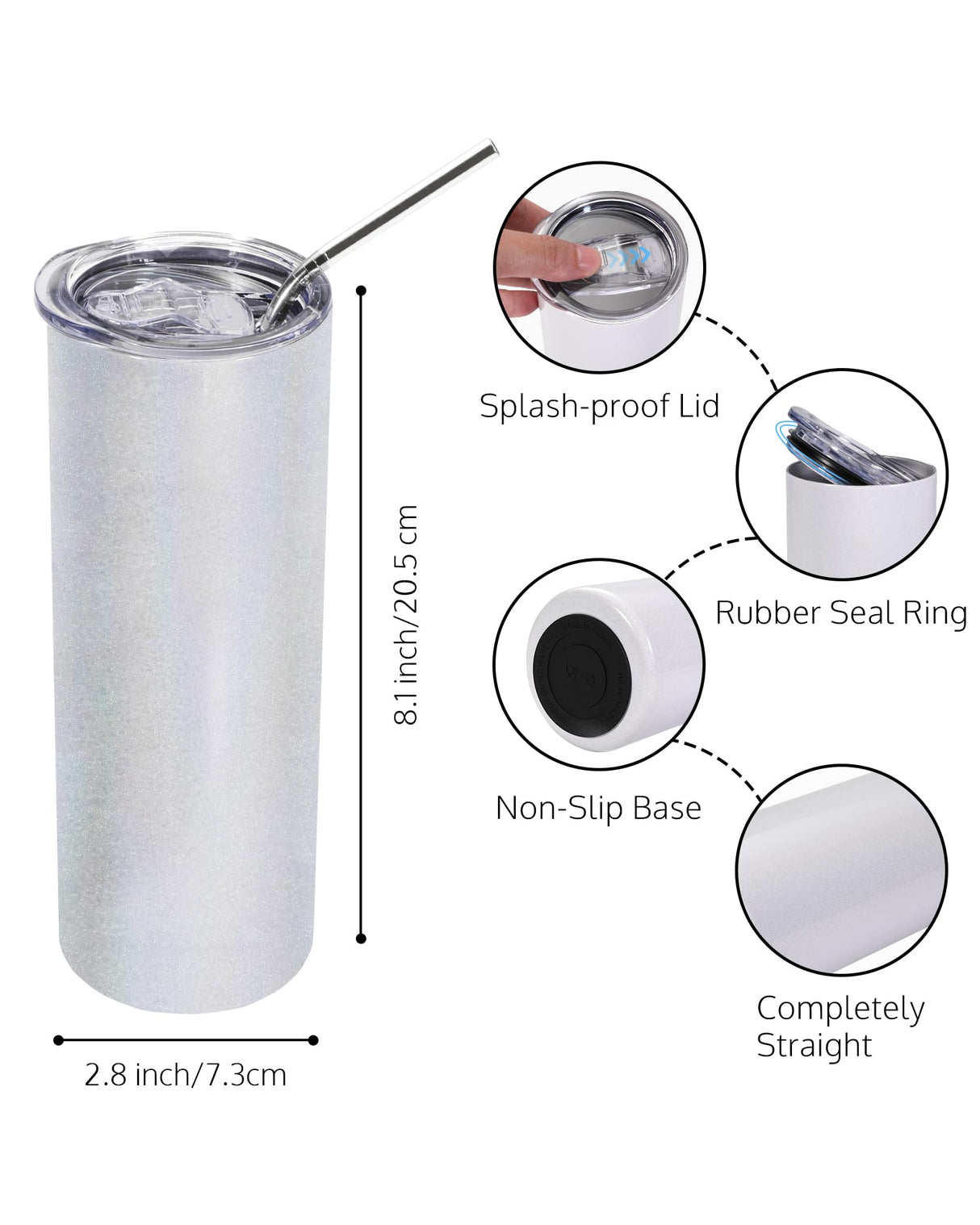 OFFNOVA Stainless Steel Glitter White 20 OZ Tumbler, 2 Pack with Lid and Straw, Sublimation Tumbler Blank Coffee Mug, Double-Walled Vacuum Insulated OFFNOVA