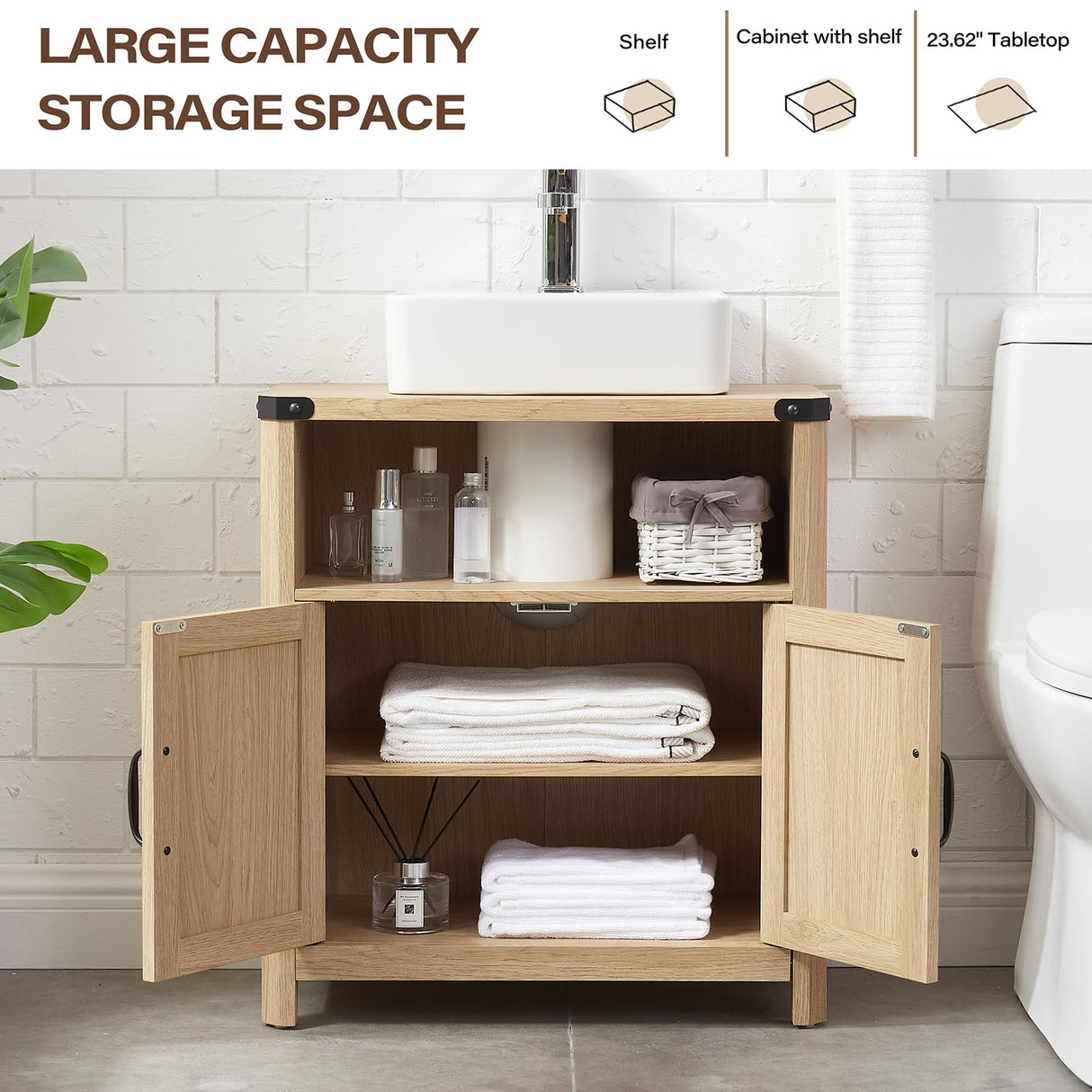 Minifeel Bathroom Floor Cabinet, Adjustable Shelf, Barn Doors, Farmhouse Bathroom Storage Cabinet for Kitchen, Living Room (Natural Oak) Minifeel