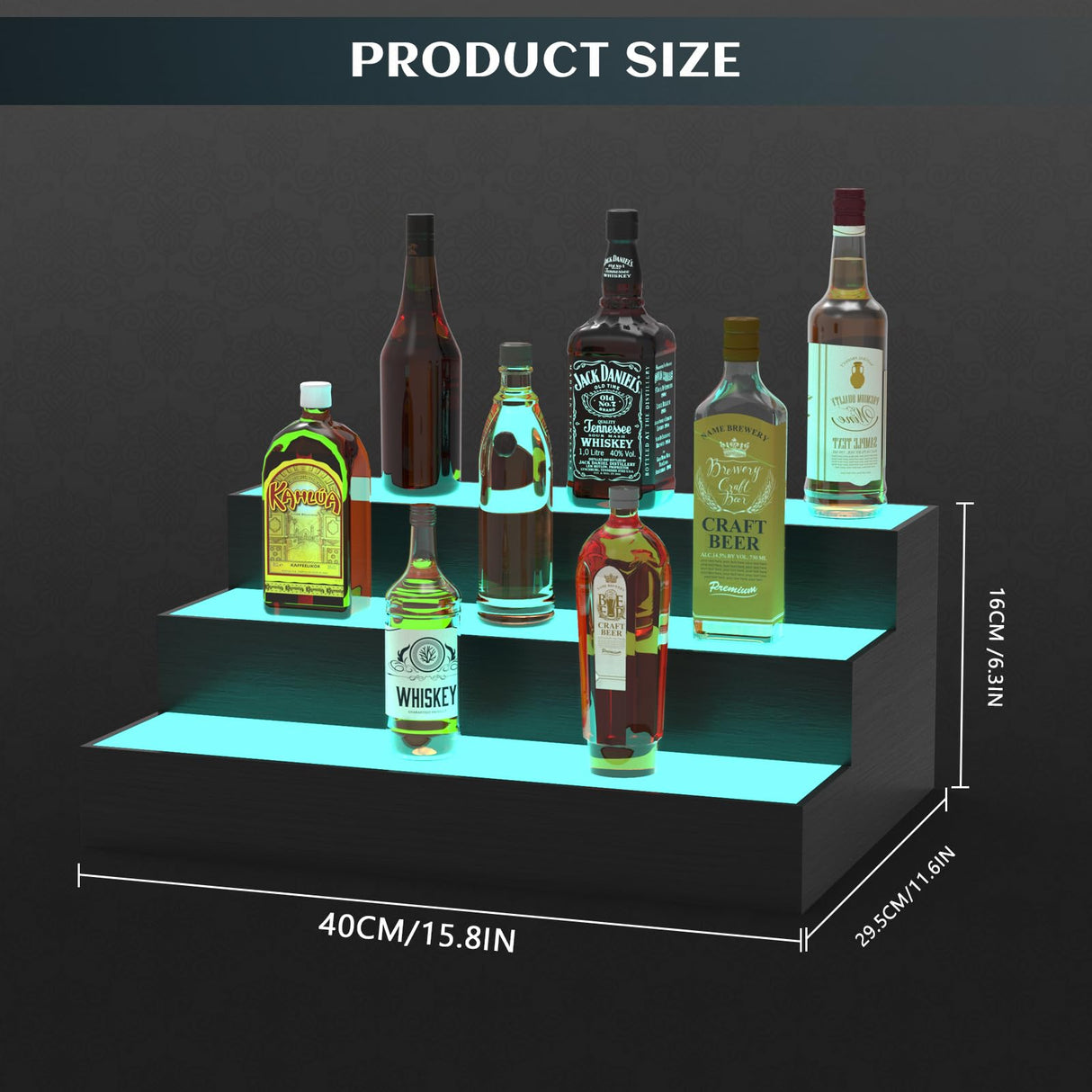 upcessory LED Lighted Liquor Bottle Display Shelf, 3 Tier 16 Inch Alcohol Whiskey Wood Rack Stand Tray for Home Bar Living Room Accessories and Decor, Bourbon Shelf for 12 Bottles upcessory