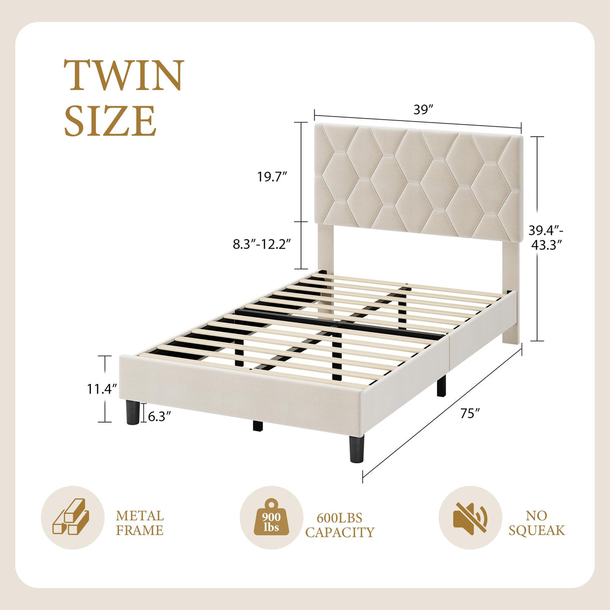 GAOMON Beige Twin Upholstered Bed Frame, Heavy-Duty Platform Bed Frame with Upholstered Headboard & Strong Wood Slats, No Box Spring Needed/Noise Free/Easy Assembly GAOMON